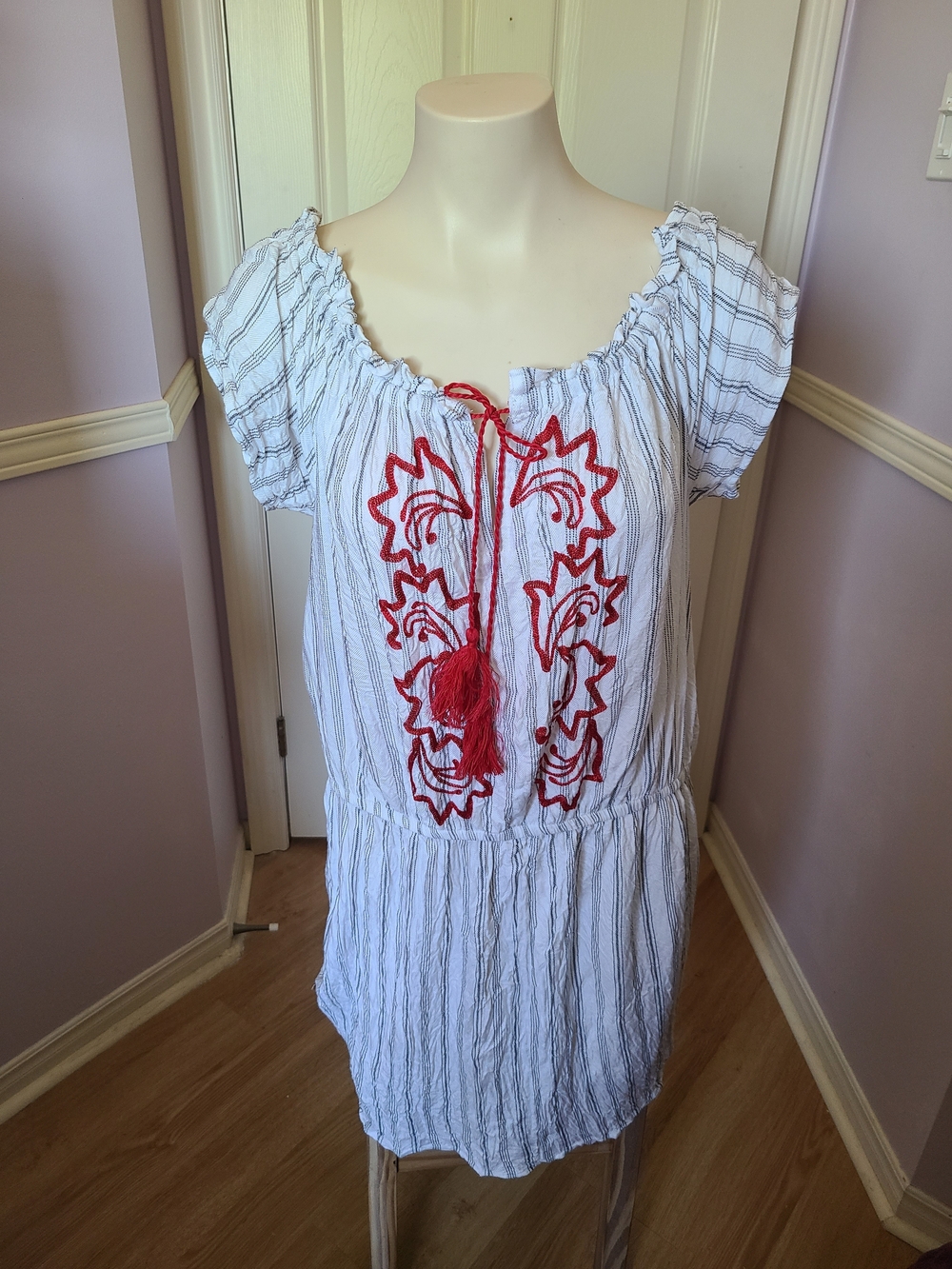 White Cover Up with Red Embroidery and Tassel